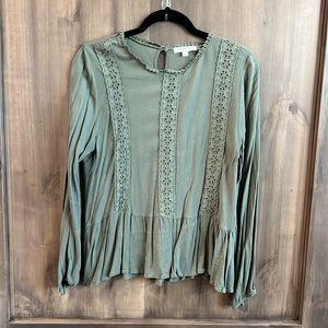 Olive green longsleeved peplum top with detailing